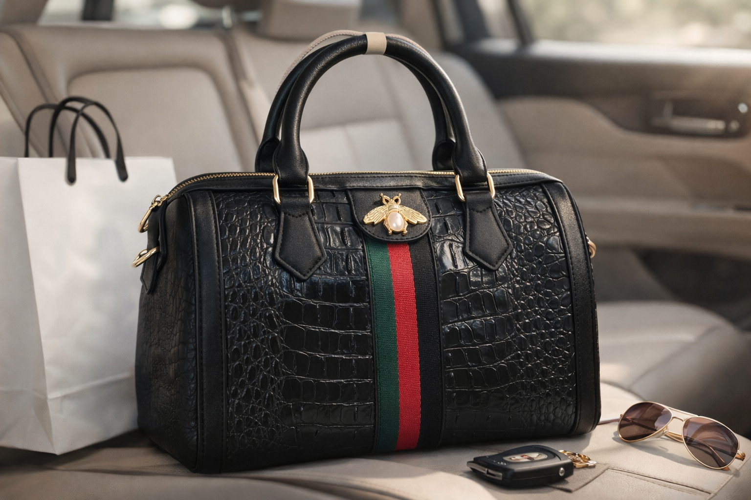 Croco Satchel with Bee Zip