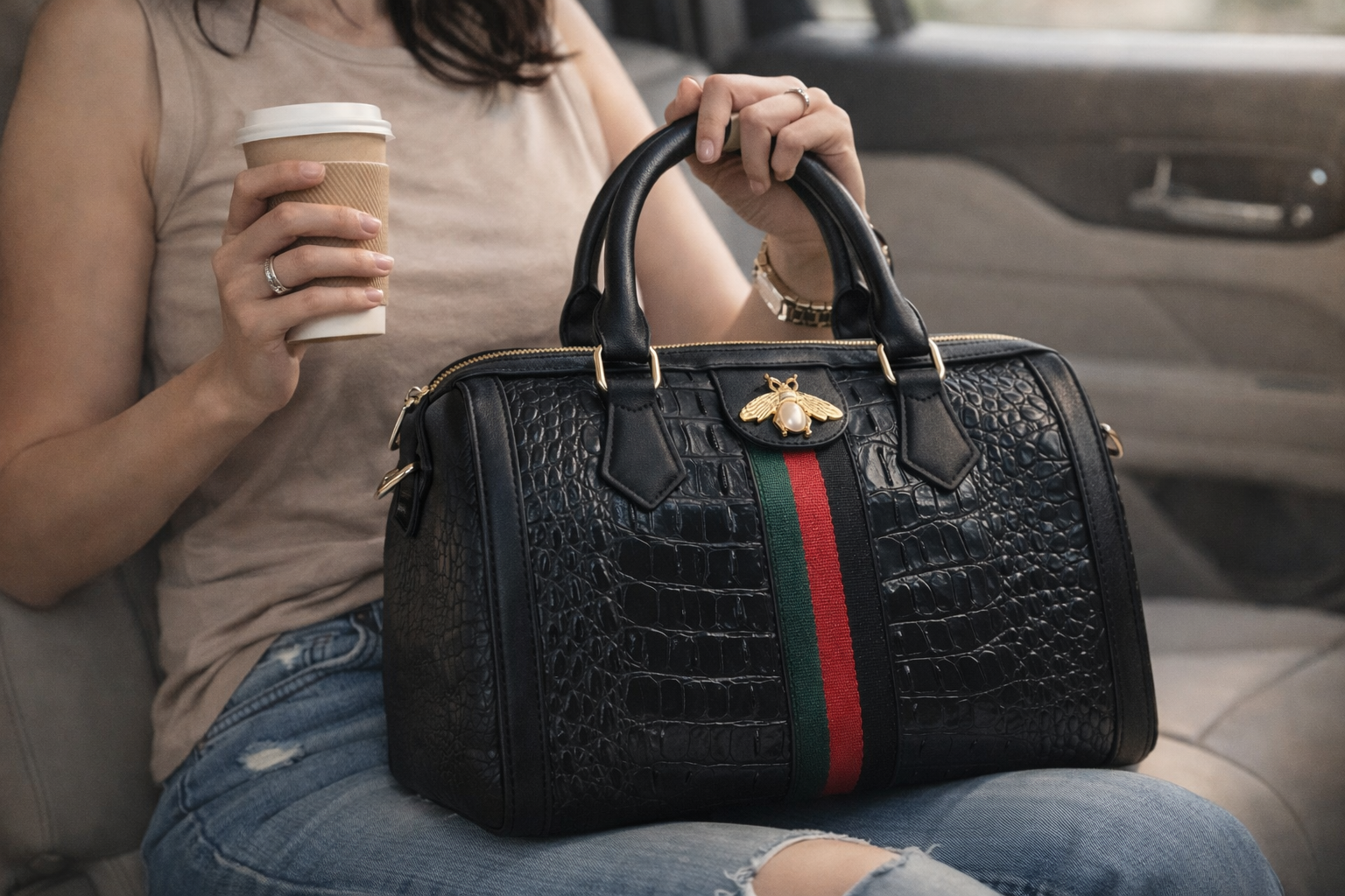 Croco Satchel with Bee Zip