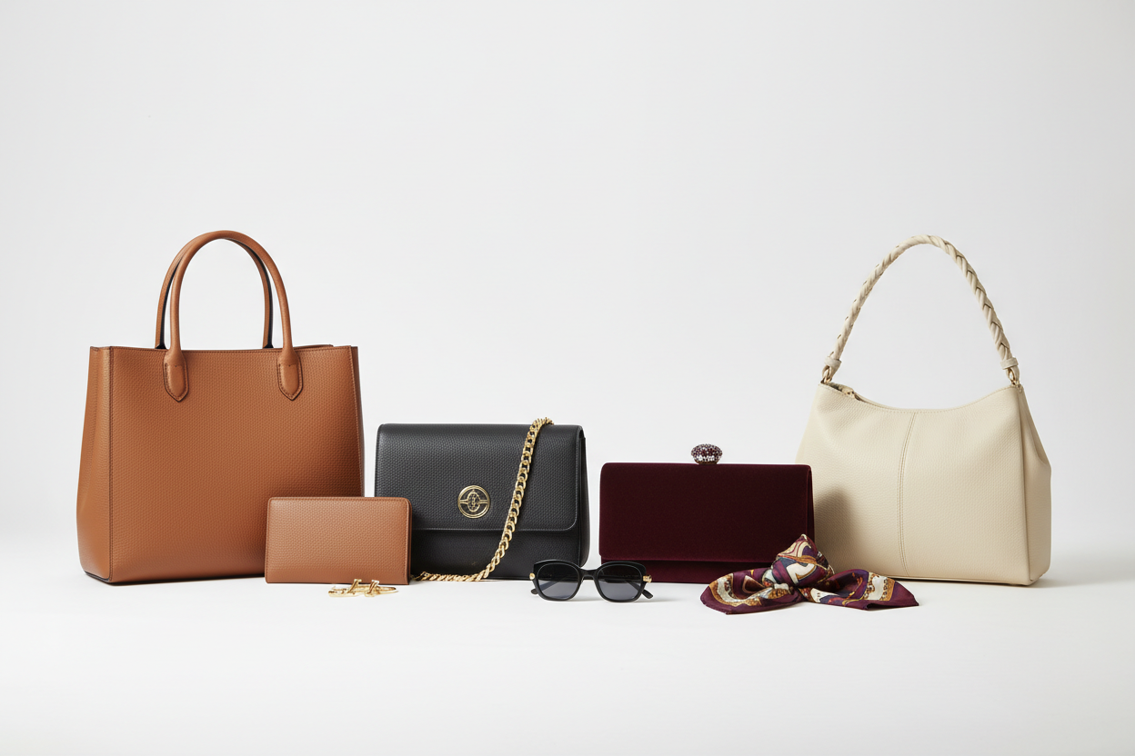 generate a line of handbags and accessories lined up 